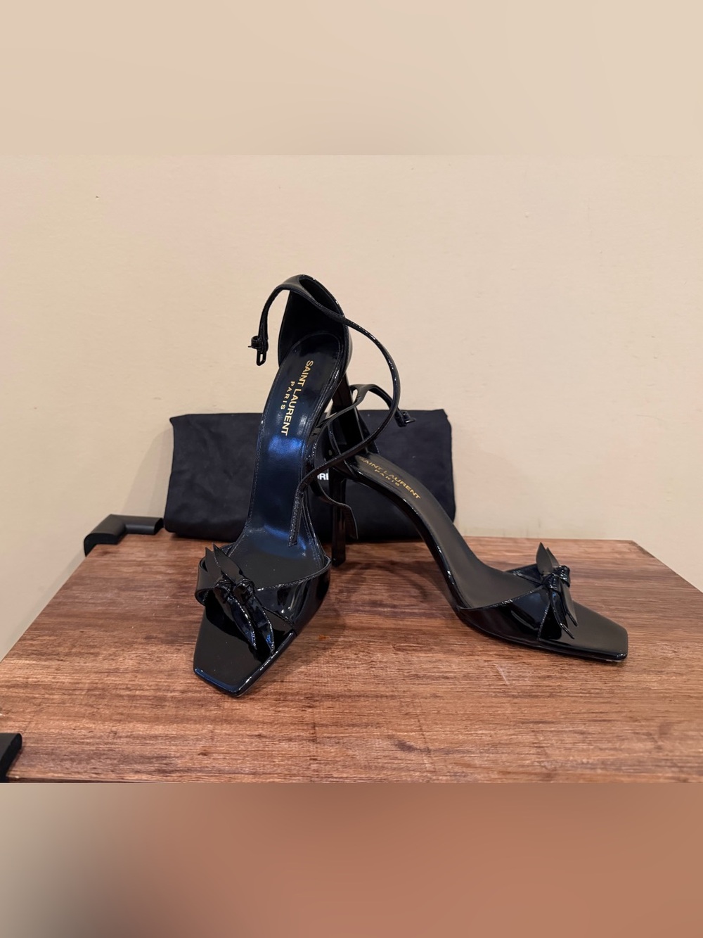Saint Laurent Black Patent Leather Bow Strappy High-Heel Sandals